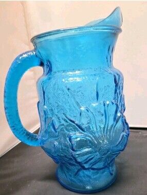 Vintage Anchor Hocking Glass "Rainflower" Flower Pitcher Laser Blue 64 ounces